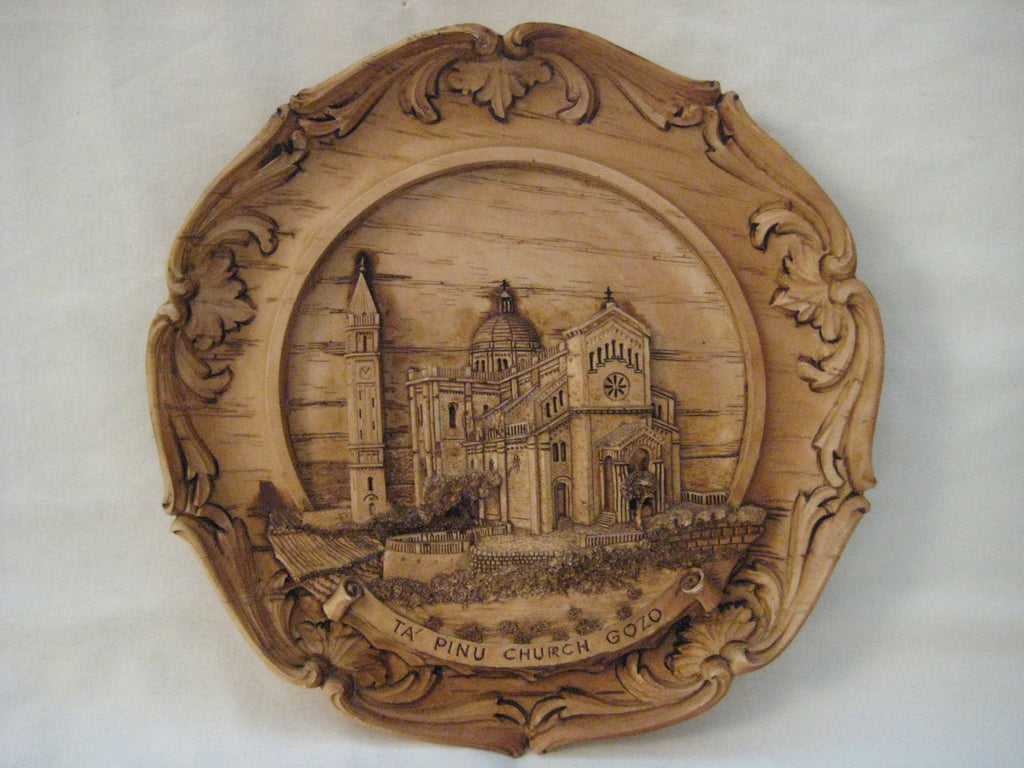 French Hand carved decorative plate with a 3D model of Ta Pinu Church in Island of Gozo - Malta