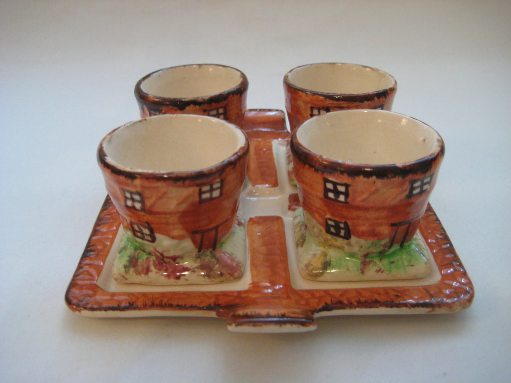 Art Deco 1940's hand painted Price Bros Cottage Ware set of four egg cups with a tray