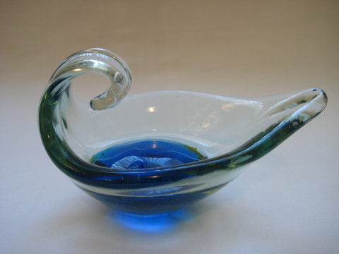 Vintage C 1965 Mdina glass Aladdin oil-lamp design bowl in shades of turquoise blue, green and clear glass.