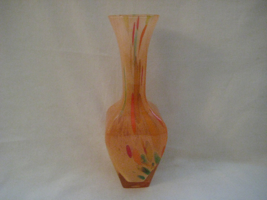 Murano style glass vase in Amber with streaks of orange, red, green colours