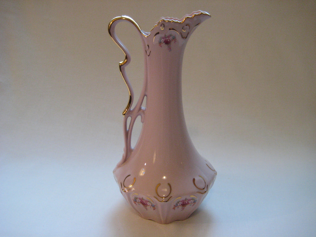 Hand painted Bohemian pink porcelain H & C jug gilded with 24 carat gold