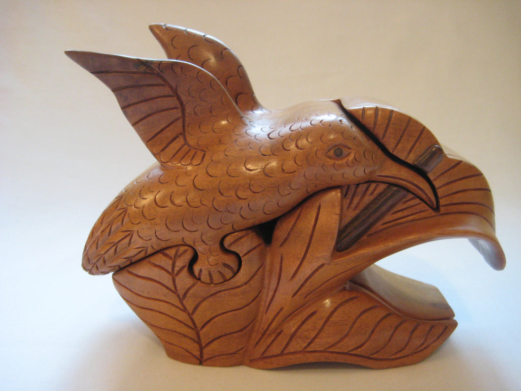 Mahogany Sculpted Puzzle Box  / Jewellery Box of a Bird with Hidden Drawers Hand Crafted by Salvador Petzey from Guatemala