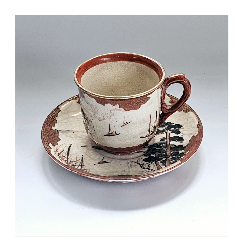 Antique Japanese Hand Painted Kutani Aka-e Decorative Meiji Porcelain Cup and Saucer