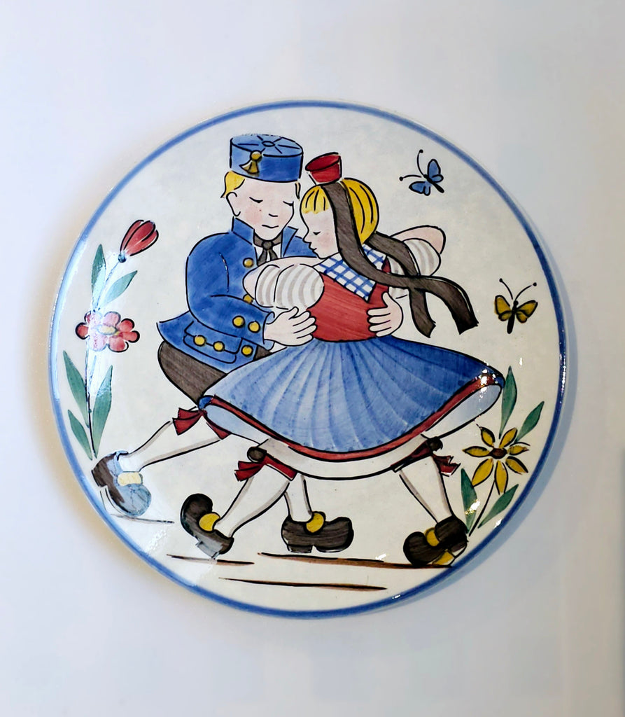Rare Vintage 1950's Waechtersbach West Germany Hand Painted Glazed Ceramic Decorative Plate Illustrated with a Couple Dancing in Their Traditional Costumes