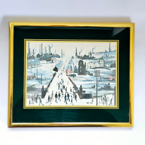 Vintage Laurence Stephen Lowry (L S Lowry) print of "The Canal Bridge" in a golden frame