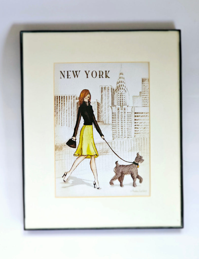 Contemporary rare original signed framed print by Andrea Laliberte of a fashionable lady walking her dog with a New York backdrop