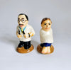 Rare Vintage Majolica Ceramic Barber and his Customer Salt and Pepper Shaker Set