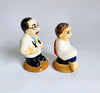 Rare Vintage Majolica Ceramic Barber and his Customer Salt and Pepper Shaker Set