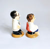 Rare Vintage Majolica Ceramic Barber and his Customer Salt and Pepper Shaker Set