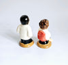 Rare Vintage Majolica Ceramic Barber and his Customer Salt and Pepper Shaker Set