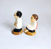 Rare Vintage Majolica Ceramic Barber and his Customer Salt and Pepper Shaker Set