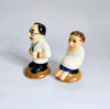 Rare Vintage Majolica Ceramic Barber and his Customer Salt and Pepper Shaker Set
