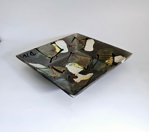 A beautiful Contemporary Hand Made and Hand Painted Ceramic Studio Art Pottery Square Plate signed by the artist as Dm