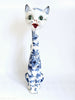 Rare Vintage 1950's Hand painted Floral Blue and White Ceramic Studio Pottery Log Necked Cat - made in Italy
