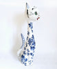 Rare Vintage 1950's Hand painted Floral Blue and White Ceramic Studio Pottery Log Necked Cat - made in Italy