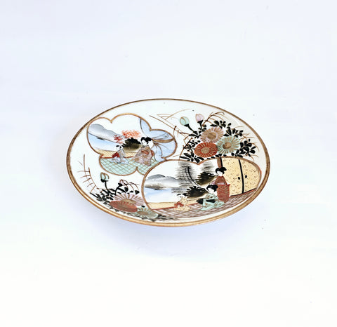 Antique 1900's Meiji Period Kutani Ware Shoza Style Fine Porcelain Small Plate Featuring Hand Painted Geishas