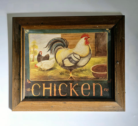 Vintage 1990's Wooden Framed Lithograph Print "Chichen" - Naive Style Artwork