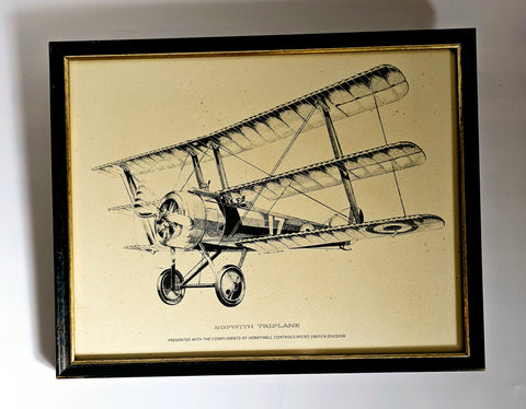 Rare Vintage 1960's Wooden Framed Lithograph Print Depicting a Drawing of a Sopwith Triplane, a British Single Seat Fighter Aircraft from World War I