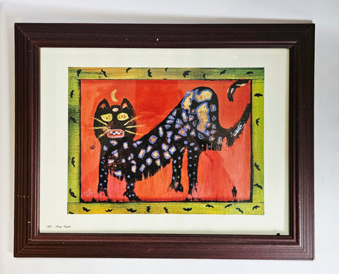 Rare Vintage Giclee Print of an Original Folklore-art Inspired Painting of a Black cat by an Artist Named Sid Ray Gayle