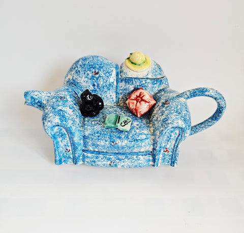 Vintage 1990's Hand Painted Swineside Ceramics 'Cat On The Sofa ' Novelty Teapot