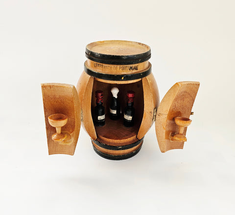 Novelty Vintage 1970's Hand Made Portuguese Souvenir Miniature Wooden Barrel Micro Bar with Tiny Bottles of Port Wine and Carved Wooden Cups