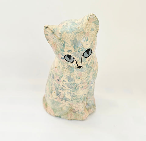Rare Vintage Ceramic Floral Pink and Blue Decoupage Cat / Kitten Figurine