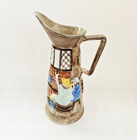 Vintage / Antique 1940's Hand Painted E. Radford Pottery Wine Pitcher / Jug with a Tavern Scene in Raised and Painted Relief