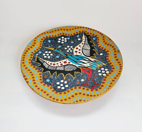 Collectible "Brolga Bird Dreaming" Hand-Painted Terracotta Ceramic Studio Pottery Decorative Plate, Featuring Australian Aboriginal-Style Dot Painting of a Brolga Bird, Signed by the Artist, UBamoo