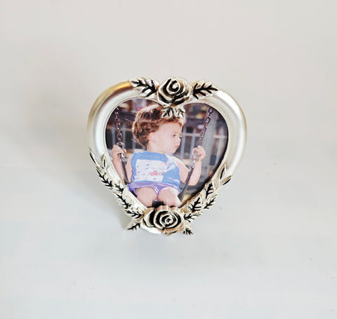 Vintage 1990's La Vie Mini Silver Plated Heart Shaped Lacquer Rose Hand Polished Picture Frame