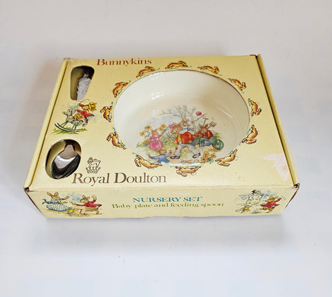 Vintage 1980's Royal Doulton Bunnykins Fine Bone China Baby Plate and Feeding Spoon in Its Original Box