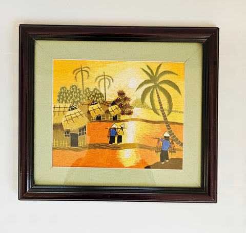 Traditional Wooden Framed Vietnamese Hand Made Silk Thread Needlework Painting Depicting a Serene Rural Landscape