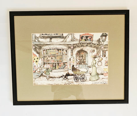 Vintage 1970's "The Toy Shop" by Anton Pieck, Wood Framed Reproduction Printed in Holland