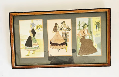Vintage 1950's Framed Set of Three Spanish Embroidered Postcards Signed by the Artists, Featuring Colourful Regional Attire from Different Parts of Spain