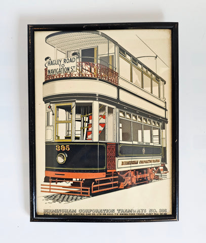 Rare Vintage Framed Lithograph Print of The Birmingham Corporation Tramways No 395 Double Decker Tram