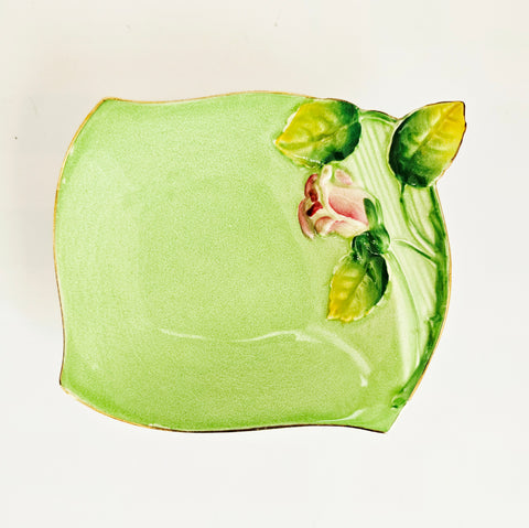 RARE Crazing-Free Vintage 1940s Royal Winton Rosebud Green Trinket Dish • WWII Wartime "A" Mark (1941-1950) • Flawless Condition