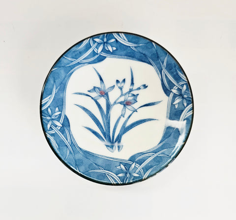 Vintage 1970s Japanese Cobalt Blue Arita Ware Porcelain Orchid Pin Dish / Trinket Tray – Signed Koyodo Mino Ware