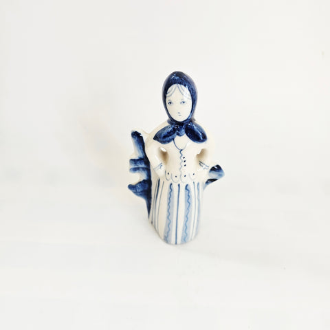 Vintage 1970s Gzhel USSR Porcelain Figurine "Lady by the Fence" – Hand-Painted Cobalt Blue Art, Excellent Condition with Export Stamps