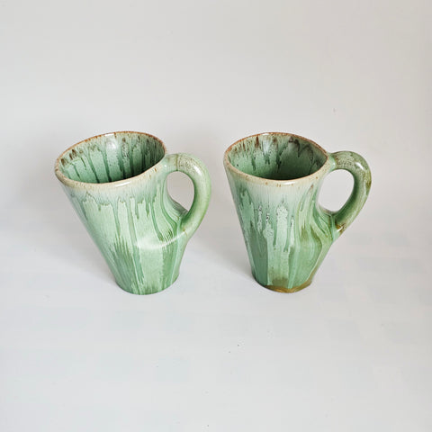 Rare Pair of 1960s Huronia Studio Pottery Mugs | Mid-Century Modern Canadian Art Ceramic Cups | Organic Green Flame Reflow Glaze