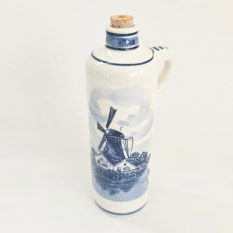 Vintage 1960's Delft Blue Ceramic Liquor Decanter - Hand-Painted Dutch Windmill Gin Bottle with Cork