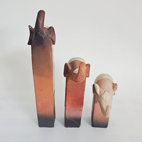 Vintage 1960's Set of 3 Minimalist Terracotta Elephant Sculprures Geometric Studio Pottery From India