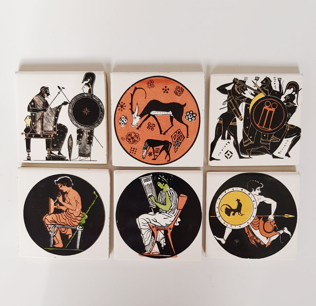 6 Vintage Greek Ceramic Art Tiles / Coasters with Greek Figures Depicting Greek Mythology