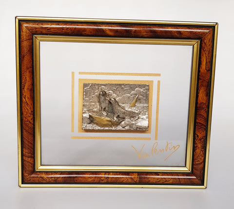 Vintage Wall Art, Two Seals on a Rock in a Beach Sculpted out of Metal mounted on Framed Glass
