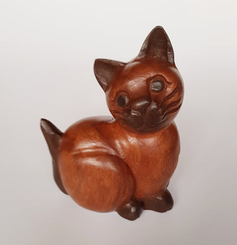 Vintage Solid Wood Hand Carved Cat Figurine