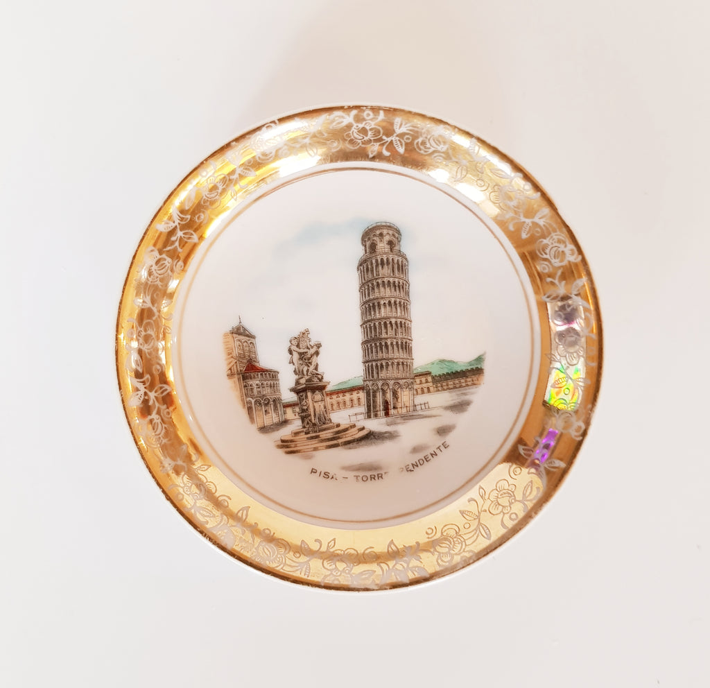 Antique / Vintage 1940's Hutschenreuther Arzberg Bavaria Germany Souvenir Pin Dish with Gold Rim and Print of The Tower of Pisa