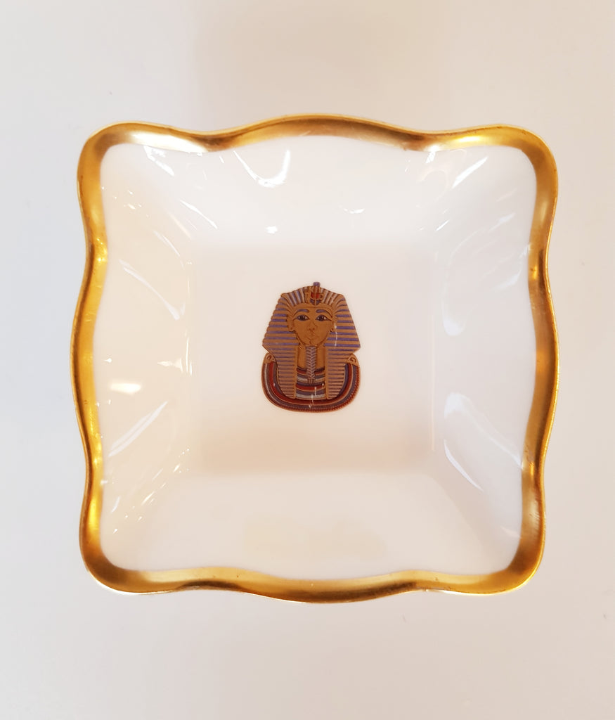 Vintage Coalport Bone China Square Pin Dish with Gold Rim and Gold Print of an Egyptian Pharaoh