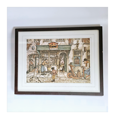 Vintage 1970's "Apotheek (Pharmacy)" by Anton Pieck, Wood Framed Reproduction Printed in Holland