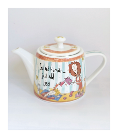 Vintage 1980's Johnson Brothers "Born To Shop" Stoneware Novelty Teapot with the Caption "Instant Human, Just Add Tea"
