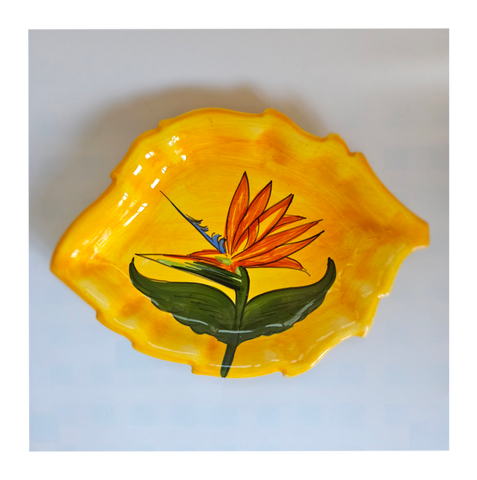 Beautiful Glazed Ceramic Leaf Shaped Dish with a large Bird of Paradise Pattern