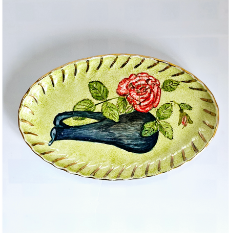 Rare Vintage 1974 Hand Painted Studio Art Pottery Glazed Ceramic Oval Dish signed by the Artist H. Young