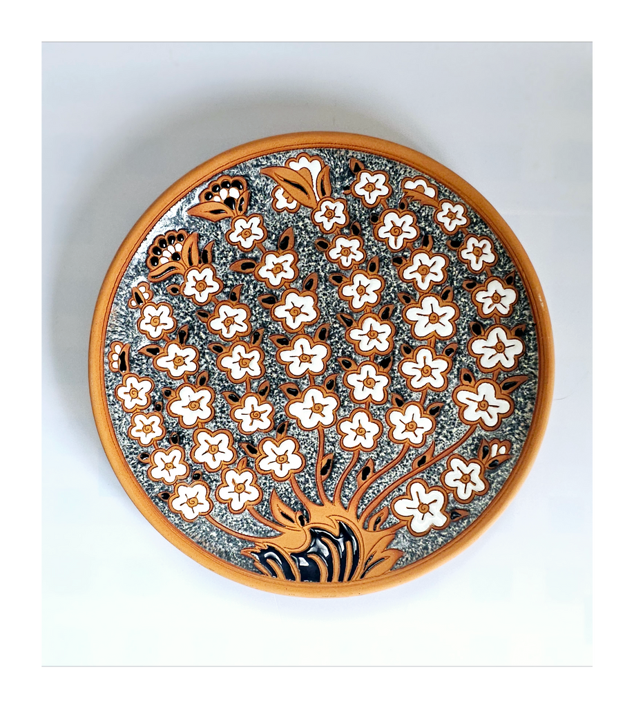 Rare Vintage Hand Made Studio Pottery Floral Terracotta and Enamel Wall Plate / Decorative Plate by Bonis Pottery - Rhodes Greece